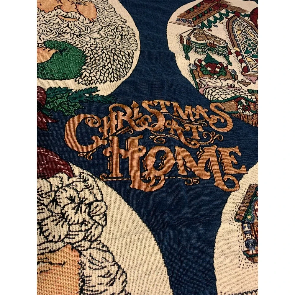 Vtg Santa Christmas at Home Chatham Throw Blanket Tapestry Fringed Cotton USA